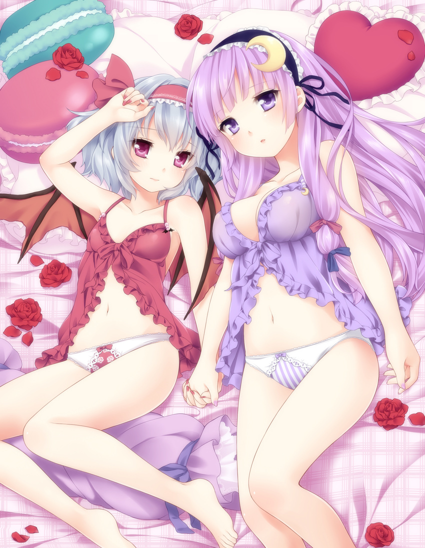 :o absurdres arm_up babydoll bad_id bad_pixiv_id bat_wings blue_hair blush breasts collarbone crescent crescent_hair_ornament etou_(cherry7) flower hair_ornament hairband heart heart_pillow highres holding_hands long_hair looking_at_viewer lying medium_breasts multiple_girls on_back panties patchouli_knowledge petals pillow purple_eyes purple_hair red_eyes remilia_scarlet rose rose_petals touhou underwear underwear_only wings