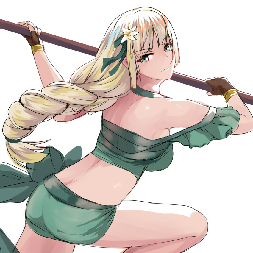 1girl ass bare_shoulders bikini black_gloves blonde_hair breasts choker commentary_request crop_top fingerless_gloves fire_emblem fire_emblem:_three_houses fire_emblem_heroes gloves green_bikini green_choker green_eyes green_ribbon green_shorts hair_ribbon highres ingrid_brandl_galatea large_breasts long_braid long_hair midriff off-shoulder_bikini off_shoulder ribbon sail_(sail-away) short_shorts short_sleeves shorts simple_background solo swimsuit thighs very_long_hair white_background