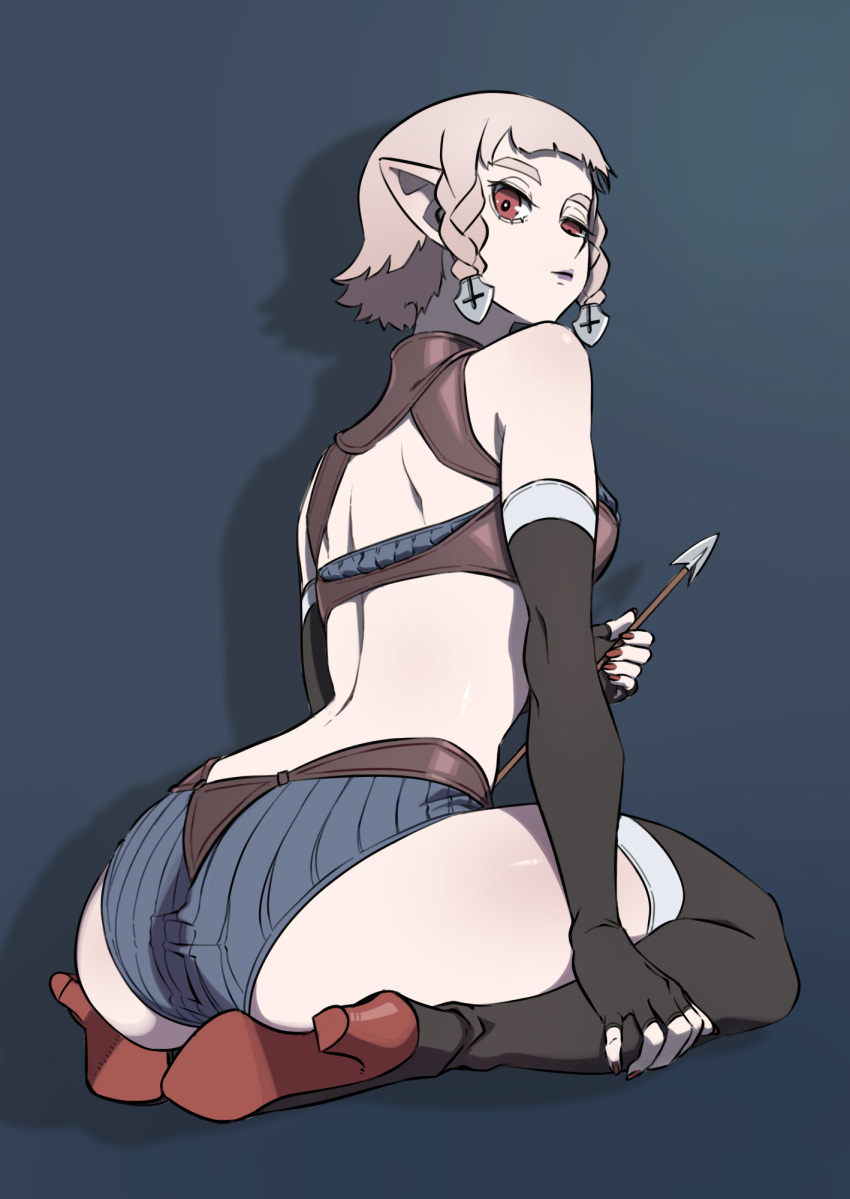 1girl arrow_(projectile) ass back black_gloves black_thighhighs blue_background blue_shorts blunt_bangs braid closed_mouth crop_top elbow_gloves fingerless_gloves from_behind gloves hair_ornament high_heels highres holding holding_arrow imdsound light_brown_hair looking_at_viewer looking_back midriff original pointy_ears purple_lips red_eyes red_footwear red_nails seiza shadow short_hair shorts simple_background sitting solo thighhighs twin_braids