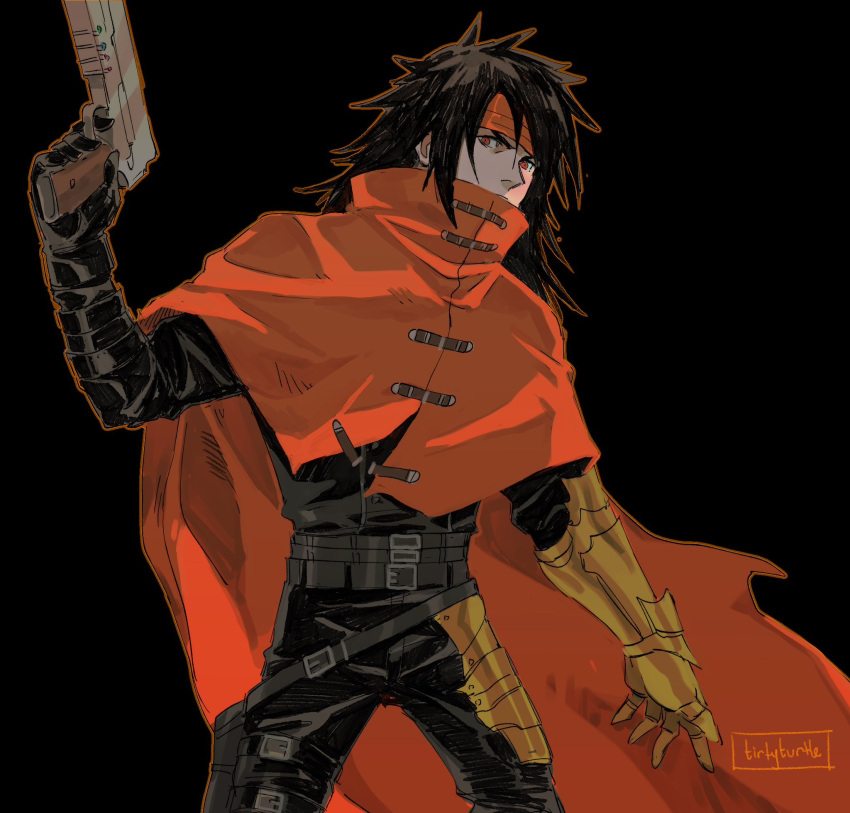 1boy artist_name belt belt_buckle black_background black_gloves black_hair black_jacket black_pants buckle cape cloak commentary covered_mouth cowboy_shot final_fantasy final_fantasy_vii final_fantasy_vii_rebirth gauntlets gloves gun hand_up headband highres holding holding_gun holding_weapon jacket long_hair long_sleeves looking_at_viewer male_focus multiple_belts pants red_cape red_cloak red_eyes red_headband single_gauntlet single_glove solo spiked_hair thigh_armor tirtyturtle vincent_valentine weapon