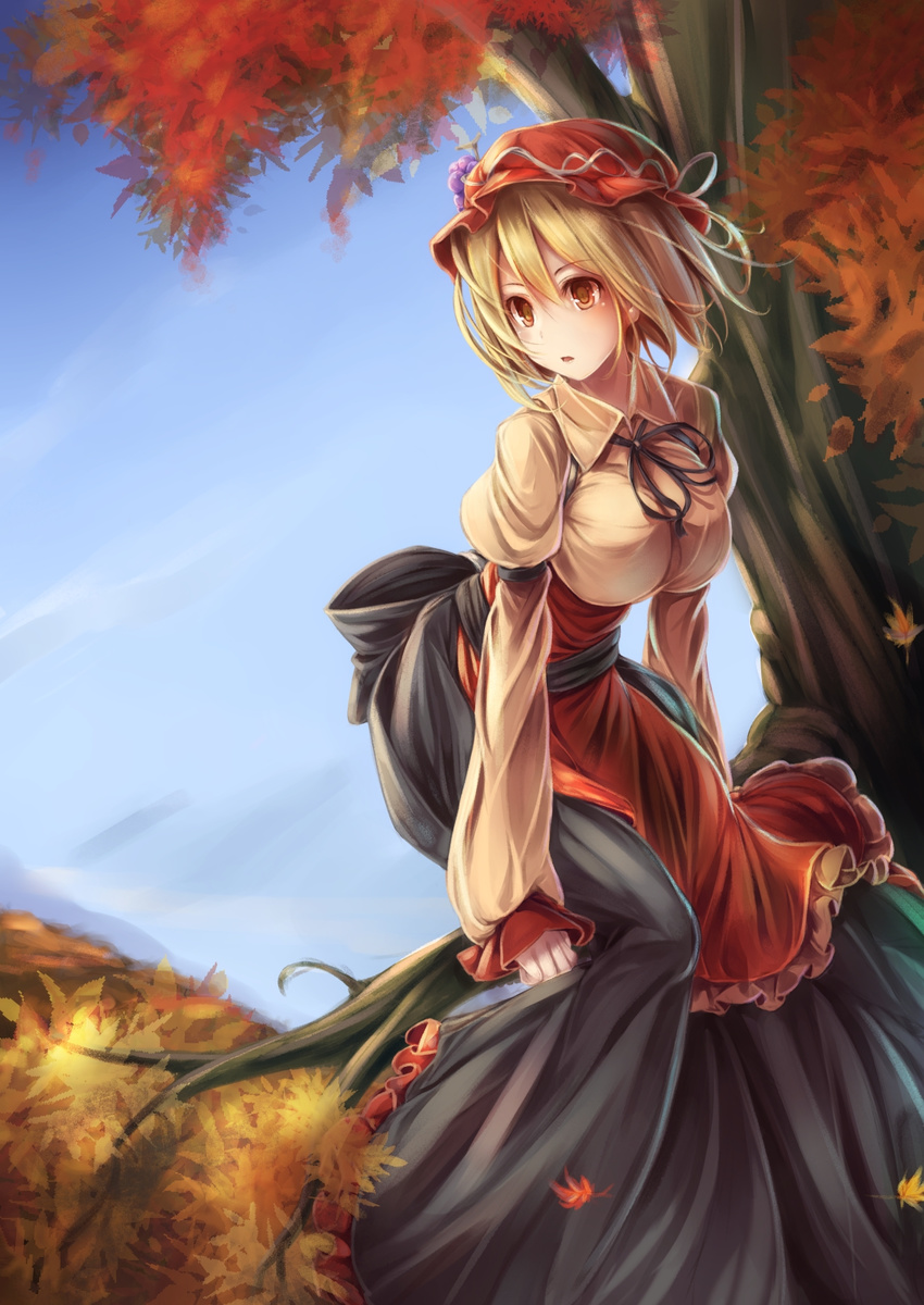aki_minoriko autumn_leaves blonde_hair blue_sky breasts dress fal_maro food fruit grapes hat highres large_breasts long_sleeves looking_to_the_side open_mouth red_eyes short_hair sitting sky solo touhou tree