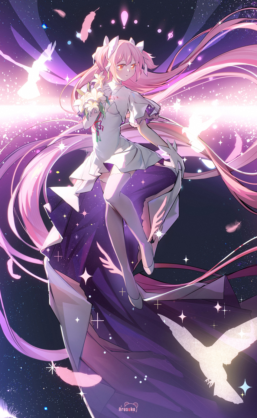 1girl arusuko bird bouquet bow dress floating flower full_body gloves hair_bow highres kaname_madoka light_particles lily_(flower) long_hair looking_to_the_side mahou_shoujo_madoka_magica pink_hair short_sleeves signature silhouette solo thighhighs ultimate_madoka very_long_hair white_dress white_gloves wide_sleeves winged_footwear zettai_ryouiki