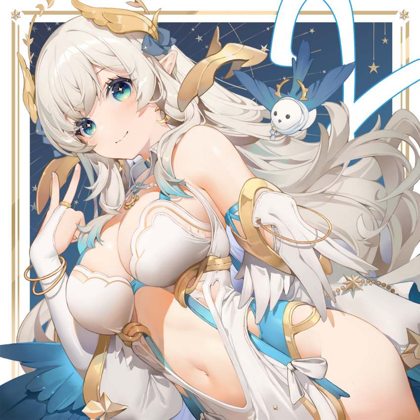 +_+ 1girl aqua_eyes artist_request bird bracelet breasts bridal_gauntlets choppy_bangs cleavage cropped_legs detached_sleeves dress earrings elf grey_hair hair_ornament highres hikanari_hina hip_vent jewelry large_breasts long_hair looking_at_viewer midriff phase_connect pointy_ears revealing_clothes sidelocks standing v white_bridal_gauntlets white_dress