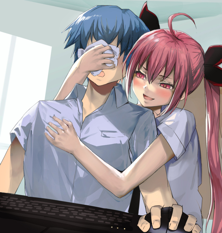 1boy 1girl ahoge aroused assertive_female black_bow blue_hair blush bow bright_pupils brother_and_sister collared_shirt commentary date_a_live eyelashes grabbing grabbing_from_behind hair_between_eyes hair_bow hetero highres hug hug_from_behind incest indoors itsuka_kotori itsuka_shidou jinsai_sa_sa long_hair naughty_face open_mouth red_eyes red_hair shirt short_hair short_sleeves siblings sidelighting smell smile socks straight_hair twintails very_long_hair white_shirt white_socks