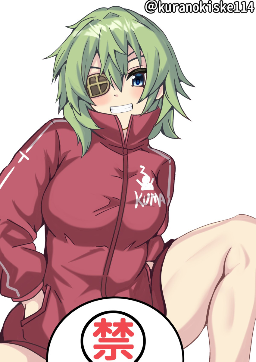 1girl censored eyepatch green_eyes green_hair grin highres jacket kantai_collection kiso_(kancolle) kiso_kai_ni_(kancolle) kurano_kisuke official_alternate_costume one-hour_drawing_challenge red_jacket short_hair simple_background sitting smile solo twitter_username white_background