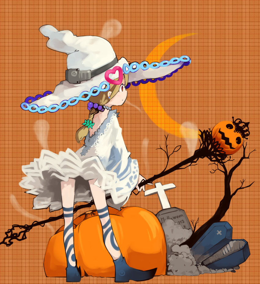 blonde_hair coffin crescent_moon cross earrings halloween hat heart highres inemuri_uno jack-o'-lantern jewelry moon original ponytail pumpkin red_eyes solo spirit staff tombstone witch_hat