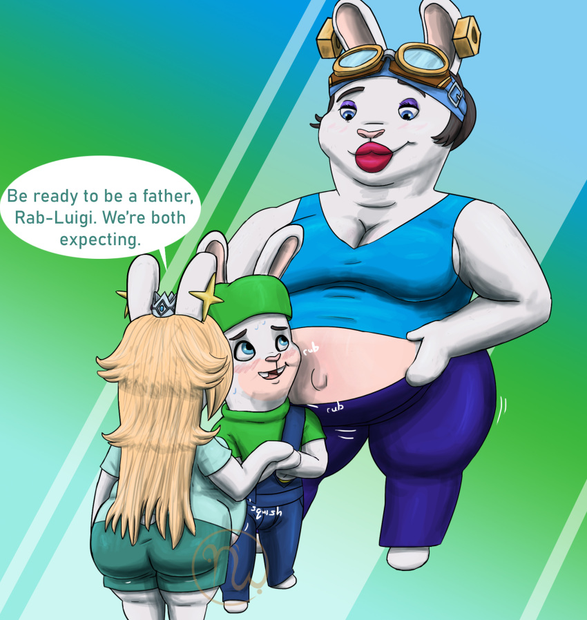 2023 accessory anthro artist_logo barefoot belly between_bellies big_belly big_breasts big_butt blonde_hair blue_background blue_bottomwear blue_clothing blue_eyes blue_pants blue_shirt blue_tank_top blue_topwear blush bottomwear breasts brown_hair buckteeth butt cleavage clothed clothing crossover crown dialogue digital_drawing_(artwork) digital_media_(artwork) ear_piercing eye_contact eyebrows eyelashes eyeshadow eyewear eyewear_on_head feet female fur goggles goggles_on_head green_background group group_sex hair hair_bun hand_on_hand hand_on_stomach headband headgear hi_res lagomorph larger_female lips logo long_hair looking_at_another makeup male male/female mammal mario_bros mario_plus_rabbids_kingdom_battle mario_plus_rabbids_sparks_of_hope midriff mitten_hands momma_(mario_plus_rabbids) motion_lines multicolored_body navel nervous nervous_smile nervous_sweat nintendo nut_(hardware) obese obese_anthro obese_female overalls overweight overweight_anthro overweight_female pants piercing pink_nose polyamory purple_eyeshadow rabbid rabbid_luigi rabbid_rosalina raving_rabbids rayman_(series) red_lips rubbing_head sex shirt short_tail shorts side_boob simple_background size_difference skywater smaller_female smaller_male smile smiling_at_each_other speech_bubble standing t-shirt tail talking_to_another talking_to_partner tan_body tan_inner_ear tan_skin tank_top teal_bottomwear teal_clothing teal_shirt teal_shorts teal_t-shirt teal_topwear teeth text thick_lips thick_thighs toeless_feet topwear trio ubisoft white_body white_fur wide_hips