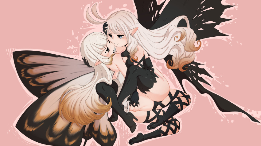 2girls absurdres airy_(bravely_default) anne_(bravely_second) annoyed antenna_hair ass ass_grab bare_shoulders black_footwear black_gloves black_leotard black_socks black_thighhighs black_wings blue_eyes boots bravely_default:_flying_fairy bravely_default_(series) bravely_second:_end_layer breast_press brown_hair butterfly_wings cheek-to-cheek cheek_squash clenched_teeth clothes_lift dress dress_lift elbow_gloves face-to-face fairy fairy_wings feet gloves gradient_hair grey_eyes hand_on_another's_head heads_together high_heels highres holding_hands hug insect_wings leg_lock legs leotard lifted_by_another long_hair multicolored_hair multiple_girls no_panties no_shoes one_eye_closed pointy_ears pussy short_dress smile socks soles spicy_bardo strapless strapless_dress symmetrical_docking teeth thigh_boots thigh_strap thighhighs thighs toes white_dress white_hair white_wings wings yuri