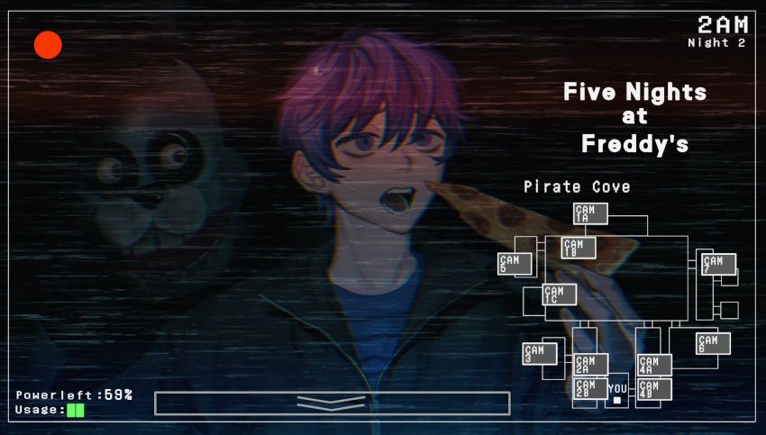 2boys battery_indicator behind_another black_jacket blue_shirt bonnie_(fnaf) commentary_request copyright_name crossover dark english_text five_nights_at_freddy's food furrowed_brow hand_up highres holding holding_food holding_pizza jack-o'_ran-tan jacket looking_at_another map multiple_boys napoli_no_otokotachi nervous_sweating open_mouth pizza pizza_slice purple_eyes purple_hair recording scared shirt short_hair sweat timestamp upper_body user_interface za_(sametapizza_)