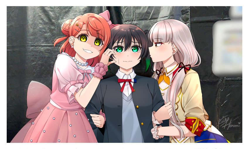 3girls absurdres aqua_eyes arm_grab black_hair black_jacket black_ribbon blazer collared_shirt dream_with_you_(love_live!) dress evil_smile grey_vest hair_bun hair_ribbon heart_hands_failure highres hisakawa_nagi idolmaster idolmaster_cinderella_girls jacket long_hair long_sleeves looking_at_another looking_at_viewer love_live! love_live!_nijigasaki_high_school_idol_club medium_hair multiple_girls neck_ribbon nijigasaki_academy_school_uniform oonishi_aguri photo-referenced pink_dress pink_hair puffy_short_sleeves puffy_sleeves red_ribbon ribbon school_uniform shaded_face shirt short_sleeves single_side_bun ska.harumi smile tachibana_hina_(voice_actor) takasaki_yuu turn_pale twintails uehara_ayumu upper_body vest voice_actor voice_actor_connection white_shirt winter_uniform wrist_cuffs yano_hinaki yellow_eyes yellow_jacket