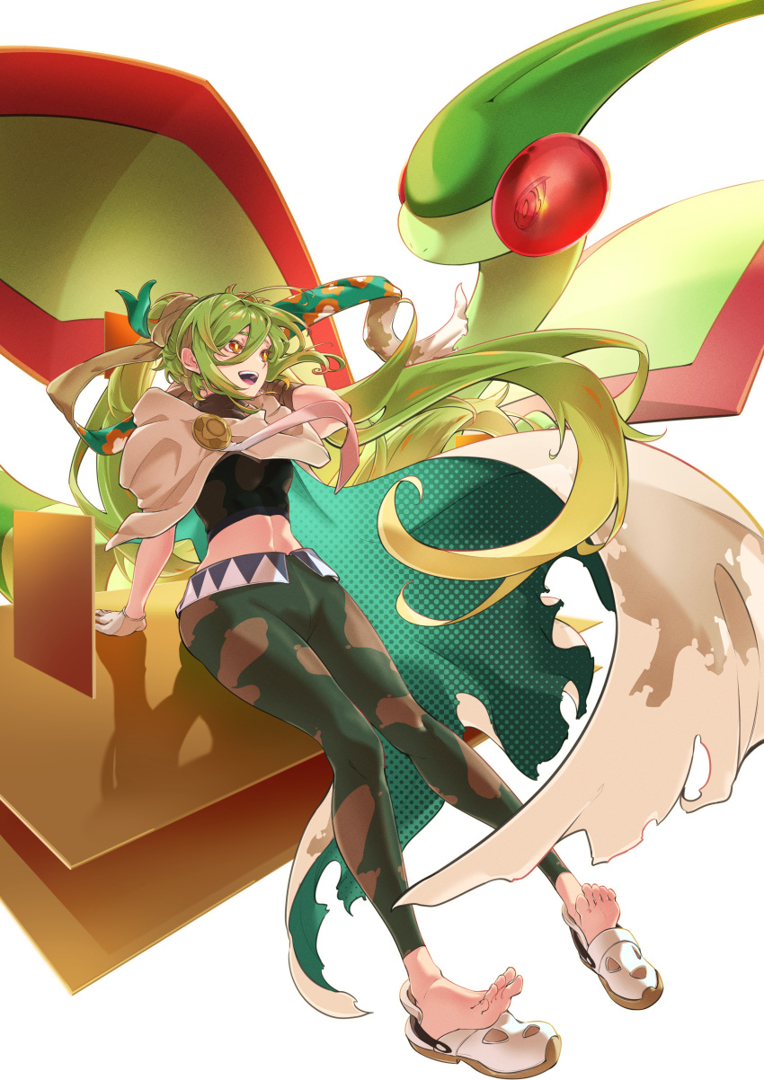 1girl :d absurdres belt black_shirt breasts bright_pupils brown_eyes cloak commentary_request flygon gloves green_hair green_pants green_ribbon ground_miku_(project_voltage) hair_ribbon hatsune_miku highres long_hair open_mouth pants pokemon pokemon_(creature) project_voltage ribbon shirt simple_background smile taiju_(gr09kuma) toes torn_cloak torn_clothes vocaloid white_background white_pupils