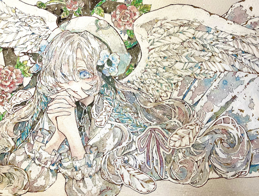 1girl angel_wings beret blue_eyes blue_hair commentary_request dress feathered_wings feathers flower grey_dress grey_hair hair_flower hair_ornament hat highres interlocked_fingers isekai_joucho kamitsubaki_studio multicolored_hair own_hands_clasped own_hands_together solo traditional_media two-tone_hair upper_body virtual_youtuber white_headwear white_wings wings yoru_(hina_dri030)