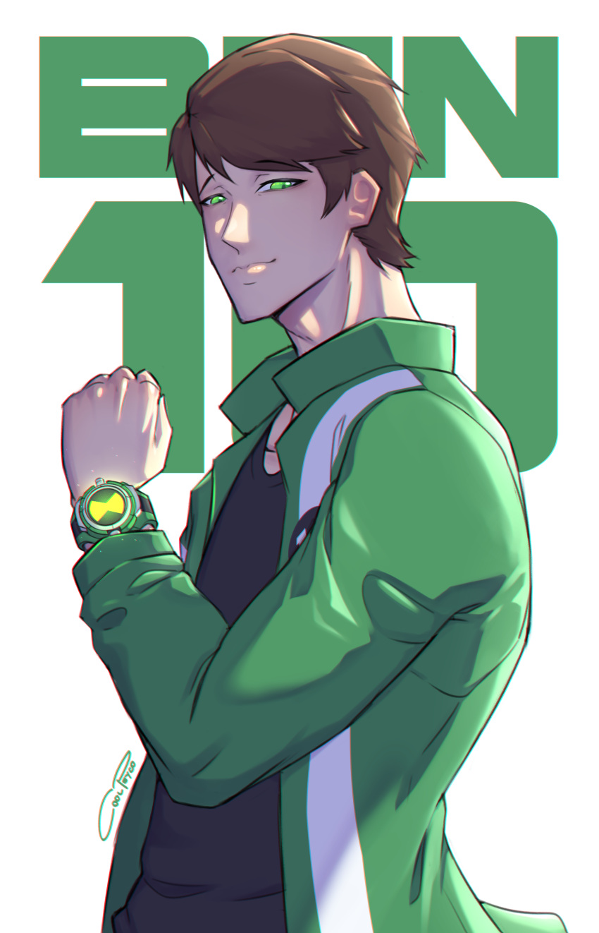 1boy absurdres ben_10 ben_10:_alien_force ben_tennyson brown_hair coolpsyco copyright_name green_eyes green_jacket highres jacket omnitrix short_hair smile solo upper_body