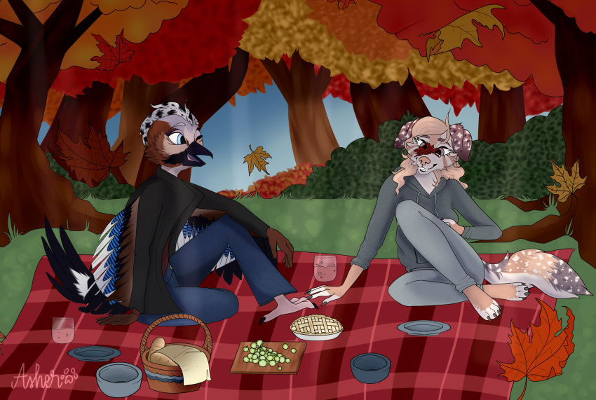 anthro autumn avian barefoot bird bread canid canine canis clothed clothing container corvid cup dishes domestic_dog duo eurasian_jay falling_leaves feet female food forest glass glass_container glass_cup grapefruit hi_res jacob_(theansweringanimal) jay_(bird) leaf_on_face male male/female mammal old_world_jay oscine passerine plant sieepwalking tree winged_arms wings yuki_(azzerz)