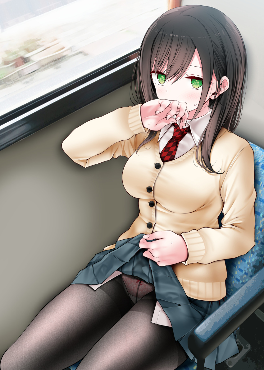 1girl black_hair black_pantyhose blush breasts brown_cardigan buttons cardigan clothes_lift commentary_request covering_mouth green_eyes hand_up highres jk-chan_(oouso) lifted_by_self long_hair long_sleeves looking_at_viewer medium_breasts necktie oouso original panties panties_under_pantyhose pantyhose pink_panties pleated_skirt red_necktie school_uniform sitting skirt skirt_lift solo sweatdrop thighband_pantyhose train_interior underwear