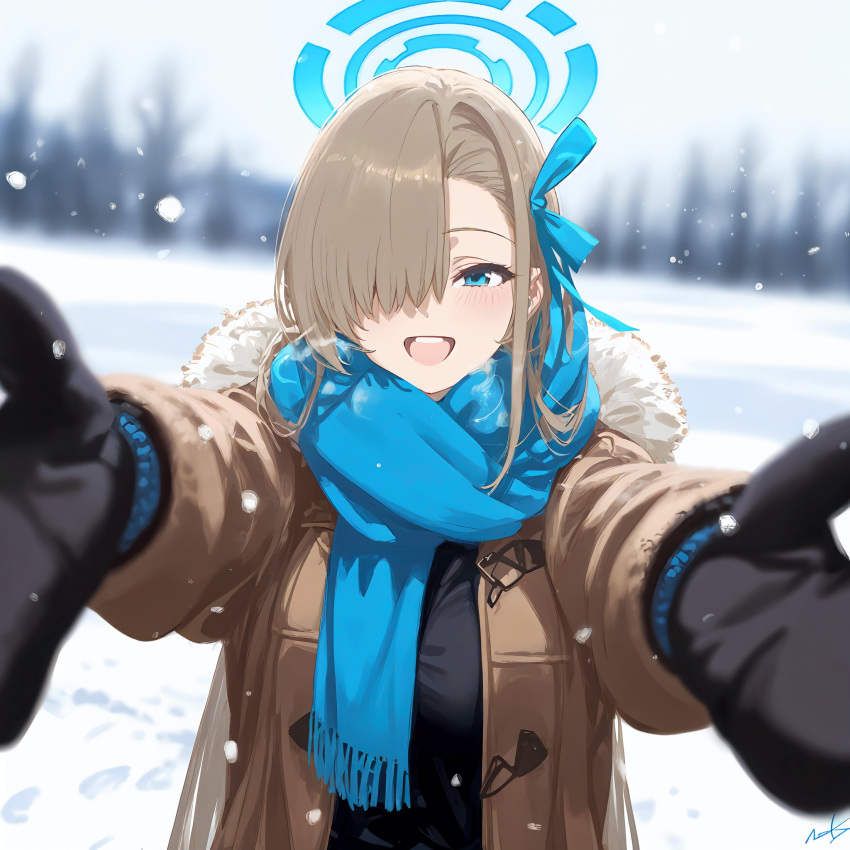 asuna_(blue_archive) black_mittens blue_archive blue_eyes blue_scarf blurry blurry_background cowboy_shot day forest hair_over_one_eye halo highres jo_sumi light_brown_hair mittens nature open_mouth parka scarf snow snowflakes snowing