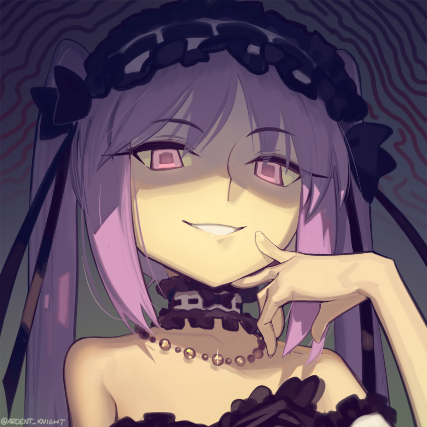 1girl bare_shoulders boa_(brianoa) breasts choker dress fate/hollow_ataraxia fate_(series) frilled_choker frilled_hairband frills glowing glowing_eyes grin hairband highres jewelry long_hair looking_at_viewer necklace parted_bangs purple_eyes purple_hair shaded_face sidelocks small_breasts smile solo square_pupils stheno_(fate) twintails white_dress