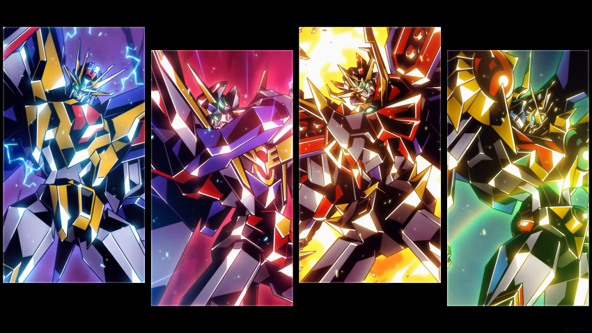 absurdres armor babamba eldran_series full_armor gattai genki_bakuhatsu_ganbaruger glowing glowing_eyes god_raijin-oo great_gambaruger highres kanzen_shouri_daiteio king_go-saurer lightning mecha nekketsu_saikyou_go-saurer no_humans perfect_daiteio_(character) robot sunrise_(company) super_robot zettai_muteki_raijin-oo