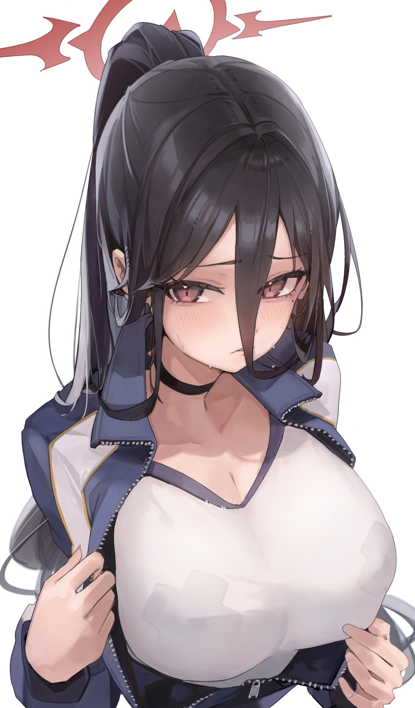 1girl absurdres black_choker black_hair blue_archive blue_jacket blush breasts choker cleavage closed_mouth collarbone commentary double-parted_bangs gym_shirt hair_between_eyes halo hasumi_(blue_archive) hasumi_(track)_(blue_archive) highres jacket jun_daniell large_breasts long_bangs long_sleeves looking_at_viewer mole mole_under_eye official_alternate_costume official_alternate_hairstyle open_clothes open_jacket partially_unzipped ponytail red_eyes red_halo shirt simple_background solo upper_body white_background white_shirt