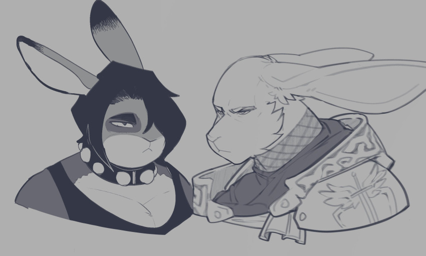 2023 andrew_doodle anthro armor bust_portrait casloafy clothed clothing collar duo female gynomorph_(lore) hair hare hi_res lagomorph leporid long_ears male mammal melee_weapon monochrome one_eye_obstructed peculiart pivoted_ears portrait rabbit ruth_(peculiart) short simple_background solo sword weapon wings