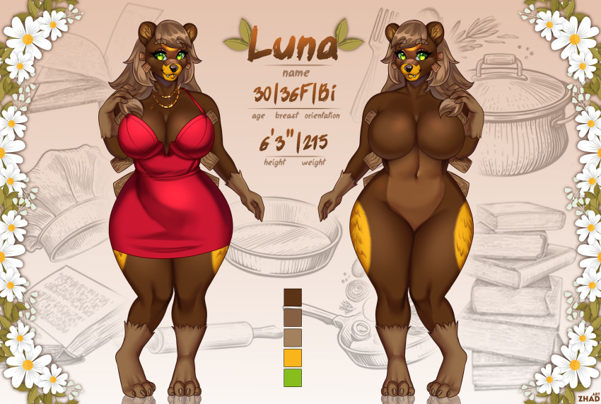 absurd_res anthro barefoot bear big_breasts big_butt breasts butt clothed clothing dress fan_character featureless_breasts featureless_crotch feet female generation_8_pokemon green_eyes hi_res humanoid looking_at_viewer mammal mature_female nintendo pokemon pokemon_(species) smile smiling_at_viewer solo ursaluna wide_hips zhadart