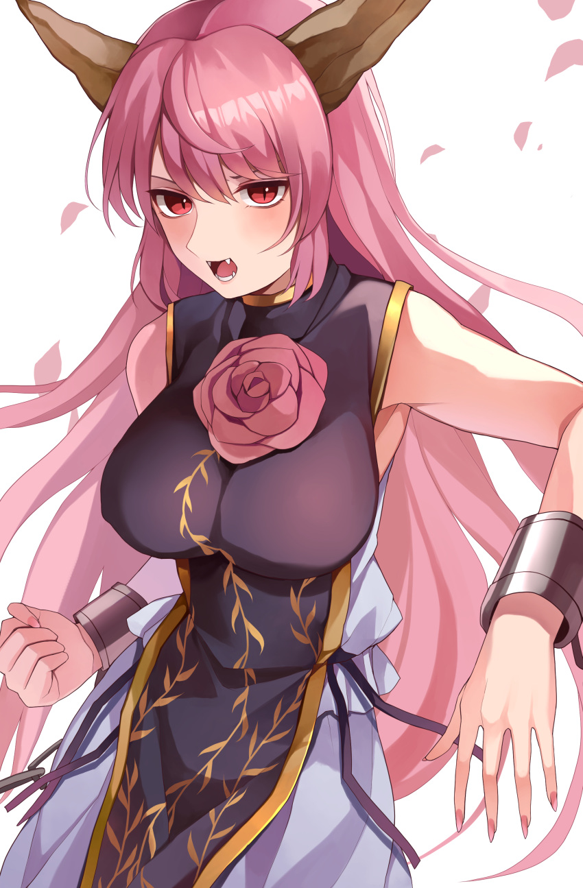 1girl absurdres blush breasts cuffs fang fingernails flower highres horns ibaraki_douji_(touhou) koizumo large_breasts long_fingernails long_hair nail_polish oni_horns open_mouth pink_eyes pink_flower pink_hair pink_nails pink_rose rose sharp_fingernails solo tabard touhou