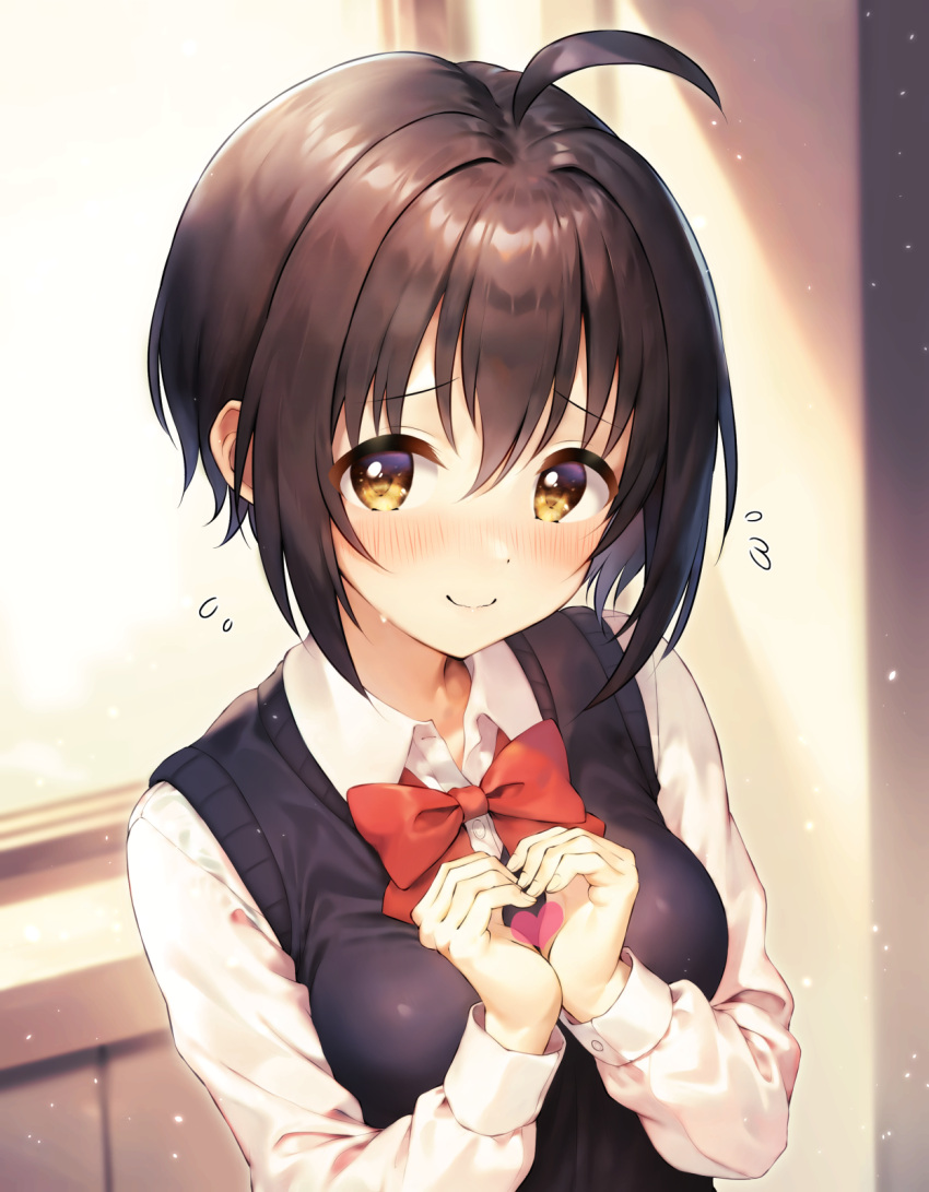 1girl ahoge black_hair blush bow bowtie breasts commentary_request flying_sweatdrops heart heart_hands highres idolmaster idolmaster_cinderella_girls kohinata_miho long_sleeves looking_at_viewer medium_breasts qianlou_(qianlou12374) red_bow red_bowtie school_uniform shirt short_hair smile solo upper_body vest white_shirt yellow_eyes
