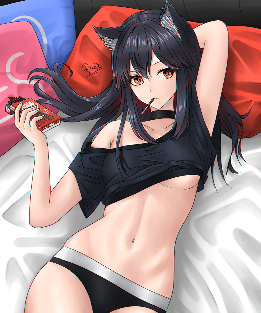 1girl alternate_costume animal_ear_fluff animal_ear_piercing animal_ears arknights arm_behind_head arm_up armpit_crease artist_name bare_legs bed bed_sheet black_choker black_hair black_panties black_shirt breasts brown_eyes choker closed_mouth clothes_lift collarbone colored_inner_hair commentary cowboy_shot dessert double-parted_bangs english_commentary expressionless eyelashes fingernails food food_in_mouth from_above groin_tendon hair_between_eyes hair_flowing_over hair_spread_out hand_up head_on_pillow highres holding holding_food holding_pocky hoop_piercing indoors long_hair looking_afar looking_to_the_side lying medium_breasts mouth_hold multicolored_hair navel no_bra on_back on_bed paid_reward_available panties pillow pocky pocky_in_mouth red_hair ryuudg shadow shirt shirt_lift short_sleeves sidelocks signature single_bare_shoulder single_off_shoulder solo stomach t-shirt texas_(arknights) thighs two-tone_hair underboob underwear wolf_ears wolf_girl