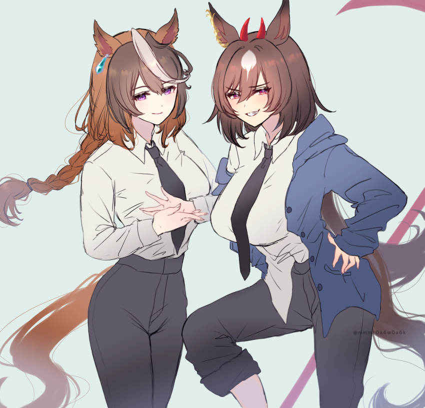 2girls animal_ears black_necktie black_pants blue_jacket brown_hair chainsaw_man cosplay cowboy_shot ear_ornament earrings fairouz_ai hair_between_eyes hand_on_own_hip highres holding_hands horns horse_ears horse_girl horse_tail jacket jewelry long_hair looking_at_viewer loose_necktie makima_(chainsaw_man) makima_(chainsaw_man)_(cosplay) mmm_(mmm623) multicolored_hair multiple_girls necktie pants power_(chainsaw_man) power_(chainsaw_man)_(cosplay) purple_eyes red_horns scythe shirt simple_background single_earring sirius_symboli_(umamusume) smile smirk streaked_hair symboli_rudolf_(umamusume) tail teeth twitter_username umamusume unbuttoned unbuttoned_jacket very_long_hair voice_actor_connection white_background white_shirt