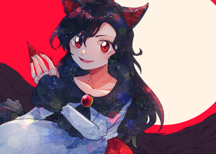 1girl animal_ears brooch brown_hair collarbone dress fingernails frilled_sleeves frills imaizumi_kagerou itomugi-kun jewelry long_fingernails long_hair long_sleeves looking_at_viewer nail_polish open_mouth red_dress red_eyes red_nails sharp_fingernails smile solo touhou white_dress wolf_ears