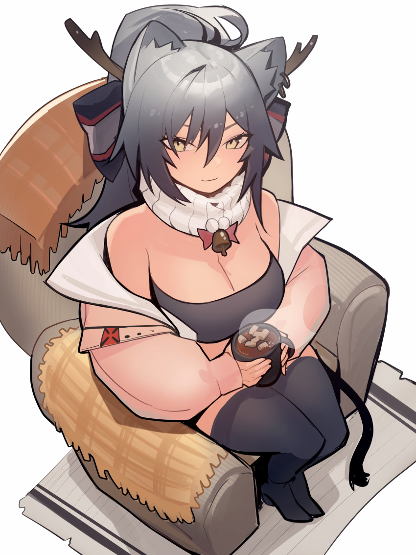 1girl absurdres animal_ears arknights armchair bandeau bare_shoulders black_thighhighs breasts cat_ears chair cleavage commentary cup distr fake_antlers grey_hair highres holding holding_cup hot_chocolate jacket large_breasts long_hair long_sleeves looking_at_viewer mug off_shoulder official_alternate_costume pink_jacket ponytail scarf schwarz_(arknights) schwarz_(presents)_(arknights) simple_background sitting smile solo strapless thighhighs tube_top white_background white_scarf yellow_eyes