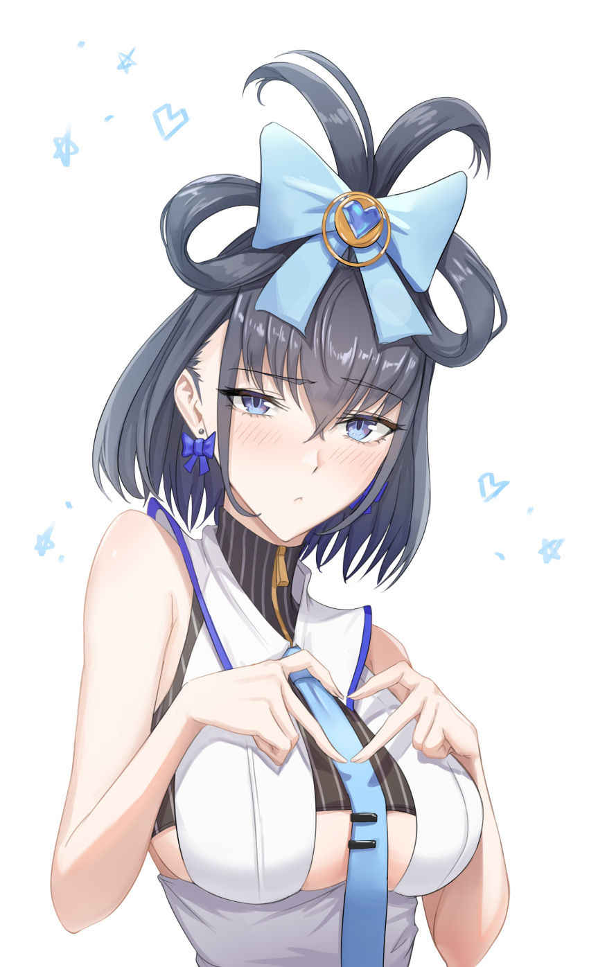 1girl absurdres black_hair blue_eyes blue_ribbon bow bow_earrings breasts earrings heart highres hololive hololive_english jewelry ouro_kronii ribbon ribbon_hair star_(symbol) zenya