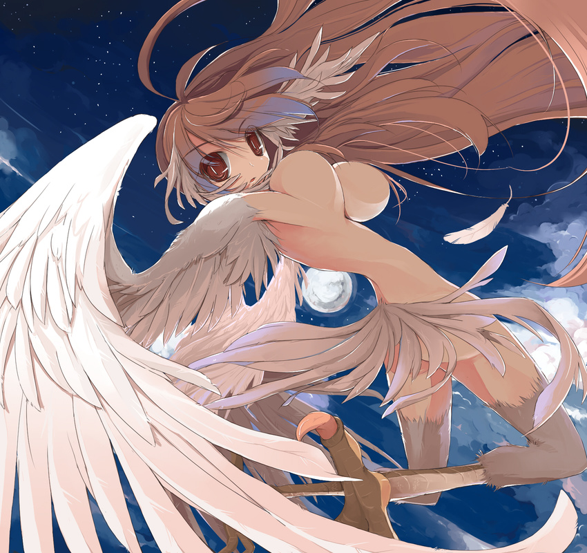bad_id bad_pixiv_id breasts brown_hair endou_chihiro feathers harpy highres large_breasts long_hair looking_at_viewer monster_girl nude original solo very_long_hair wings
