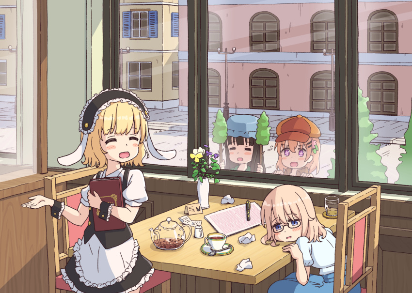 4girls animal_ears aoyama_blue_mountain apron black-framed_eyewear black_hairband black_skirt blonde_hair blue_eyes blue_headwear blue_skirt blunt_bangs blush building cheek_rest closed_eyes coaster collared_shirt commentary_request crumpled_paper cup day facing_viewer fake_animal_ears fleur_de_lapin_uniform flower frilled_apron frilled_cuffs frilled_hairband frilled_skirt frills glass glass_teapot glasses gochuumon_wa_usagi_desu_ka? hair_between_eyes hairband hat holding holding_menu hoto_cocoa indoors kirima_syaro lamppost leaning_forward long_hair looking_at_another lop_rabbit_ears menu mob_cap mohei multiple_girls nib_pen_(object) open_mouth paper parted_lips peeking pen plant puffy_short_sleeves puffy_sleeves purple_eyes rabbit_ears red_headwear road saucer shirt short_hair short_sleeves sitting skirt smile standing street tea teacup teapot teaspoon ujimatsu_chiya underbust vase waist_apron white_apron white_shirt window wrist_cuffs