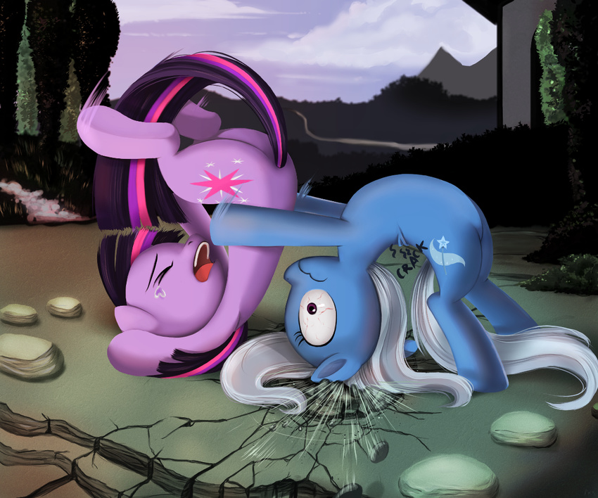 crying cutie_mark duo equine female feral friendship_is_magic hair horn horse mammal multi-colored_hair my_little_pony outside pain pony ponykillerx purple_eyes shaded smash suplex tear tears tree trixie_(mlp) twilight_sparkle_(mlp) unicorn wood