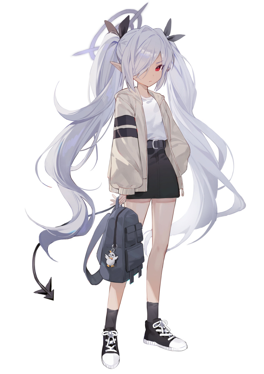 1girl absurdres alternate_costume backpack bag belt black_belt black_footwear black_skirt black_socks black_tail blue_archive closed_mouth dark-skinned_female dark_skin demon_tail full_body grey_hair halo highres holding holding_bag iori_(blue_archive) jacket long_sleeves looking_at_viewer open_clothes open_jacket peroro_(blue_archive) pleated_skirt pointy_ears purple_halo red_eyes seizou_hidzuke shirt shoes simple_background skirt socks solo tail twintails white_background white_shirt