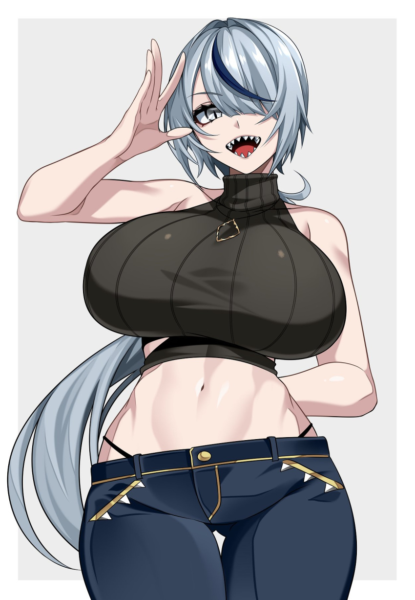 arm_behind_back bare_shoulders blue_hair border breasts commission contrapposto grey_eyes hair_over_one_eye hakudou_nike highleg highleg_panties highres huge_breasts hz_(666v) indie_virtual_youtuber jewelry large_breasts midriff multicolored_hair navel necklace nike open_mouth panties pants ponytail ribbed_sweater second-party_source shark_tooth sharp_teeth skeb_commission sleeveless sleeveless_sweater smile streaked_hair sweater teeth thigh_gap turtleneck turtleneck_sweater underwear virtual_youtuber waving white_border