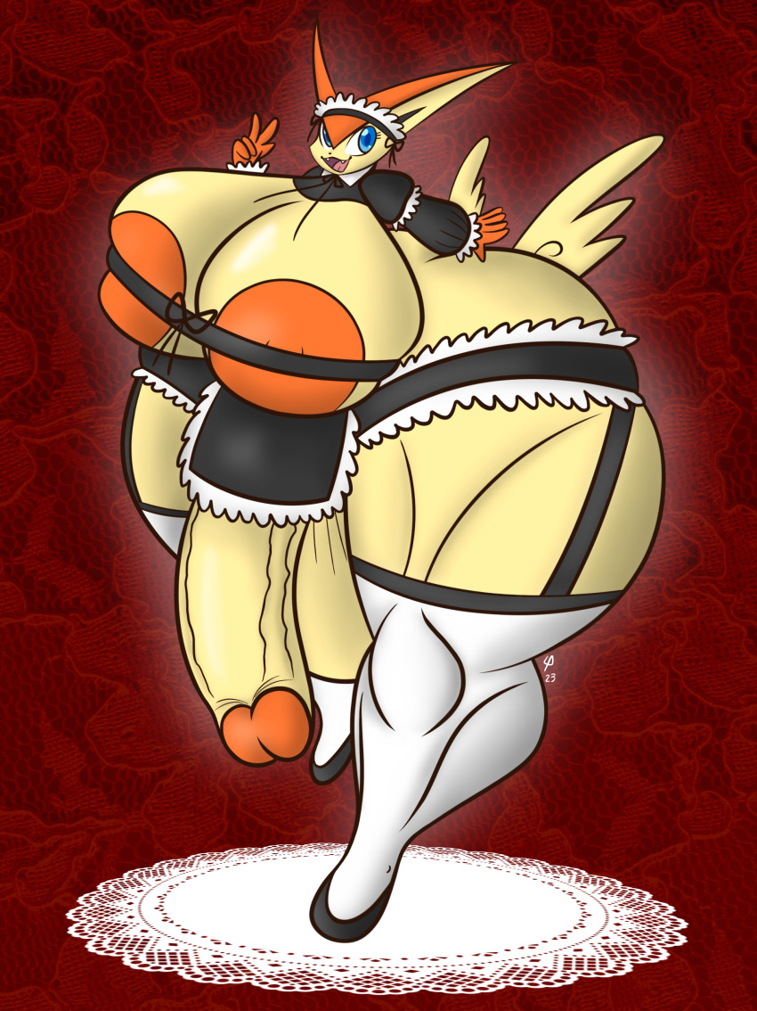 5_fingers absurd_res anthro areola balls big_balls big_breasts big_butt blue_eyes breasts butt clothing fangs fingers footwear fur garter_straps generation_5_pokemon genitals gesture herm hi_res huge_balls huge_breasts huge_butt hyper hyper_genitalia intersex legendary_pokemon legwear maid_headdress maid_uniform nintendo open_mouth orange_areola pokemon pokemon_(species) simple_background smile solo standing tan_body tan_fur teeth thick_thighs thigh_highs uniform unknown_artist v_sign victini wings