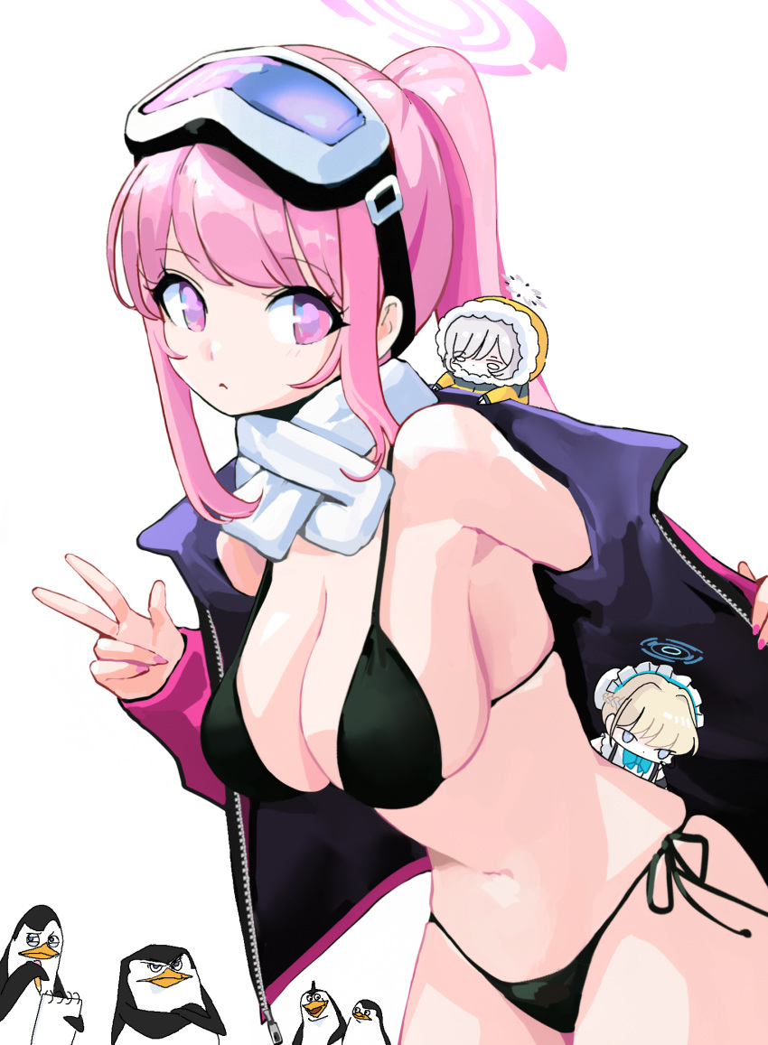 1girl bikini bird black_bikini blue_archive breasts chibi_on_shoulder cleavage cowboy_shot crossover eimi_(blue_archive) eimi_(swimsuit)_(blue_archive) goggles goggles_on_head halo highres himari_(blue_archive) jacket kowalski_(madagascar) madagascar_(series) medium_breasts mixed-language_commentary official_alternate_costume padded_jacket penguin pink_halo pink_jacket private_(madagascar) rico_(madagascar) scarf side-tie_bikini_bottom simple_background ski_goggles skipper_(madagascar) solo solo_focus swimsuit syk toki_(blue_archive) white_background white_scarf