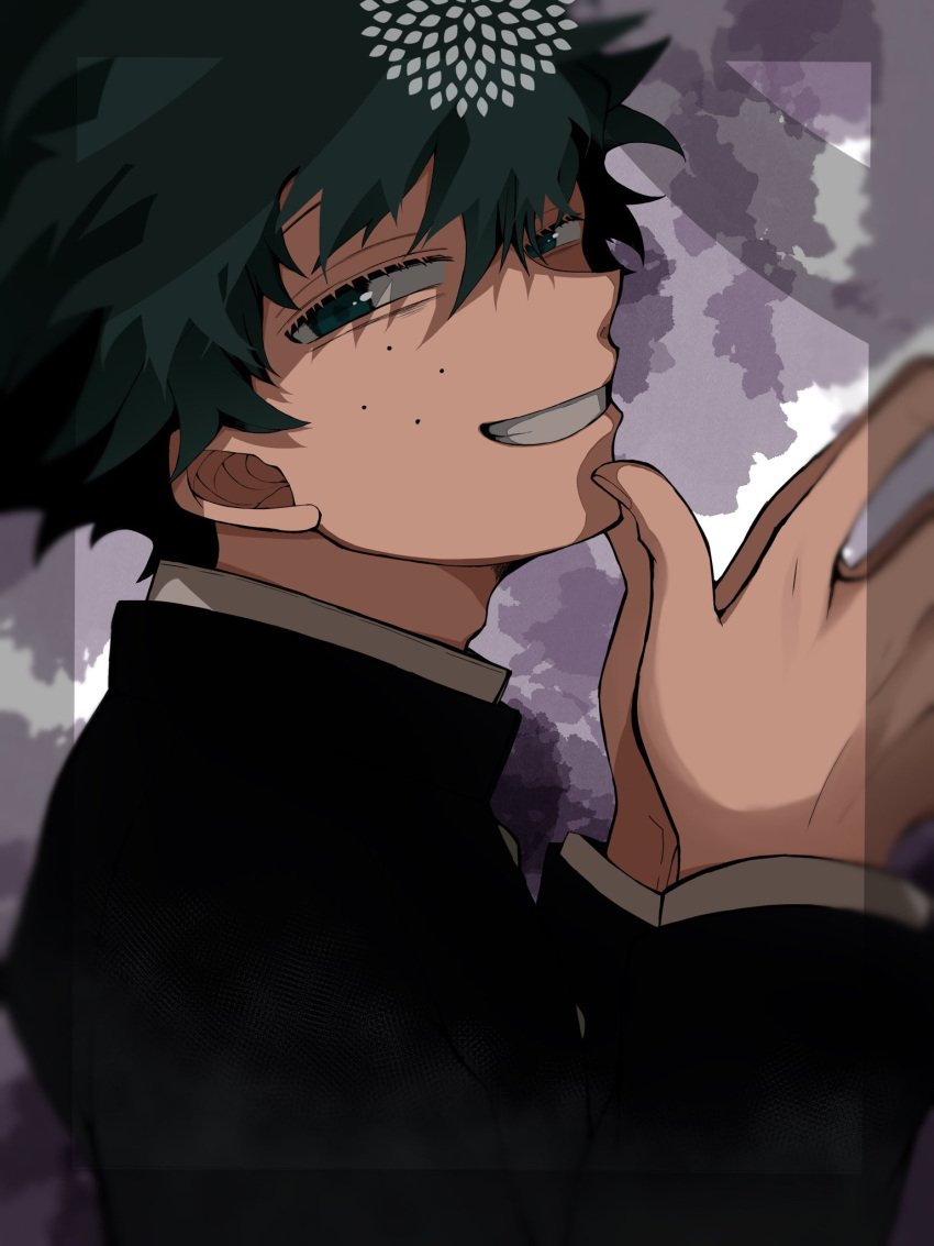 1boy boku_no_hero_academia commentary_request freckles from_side gakuran green_eyes green_hair grin half-closed_eyes hei_tai_(kyaputen1) highres looking_at_viewer male_focus midoriya_izuku own_hands_together profile school_uniform smile solo upper_body