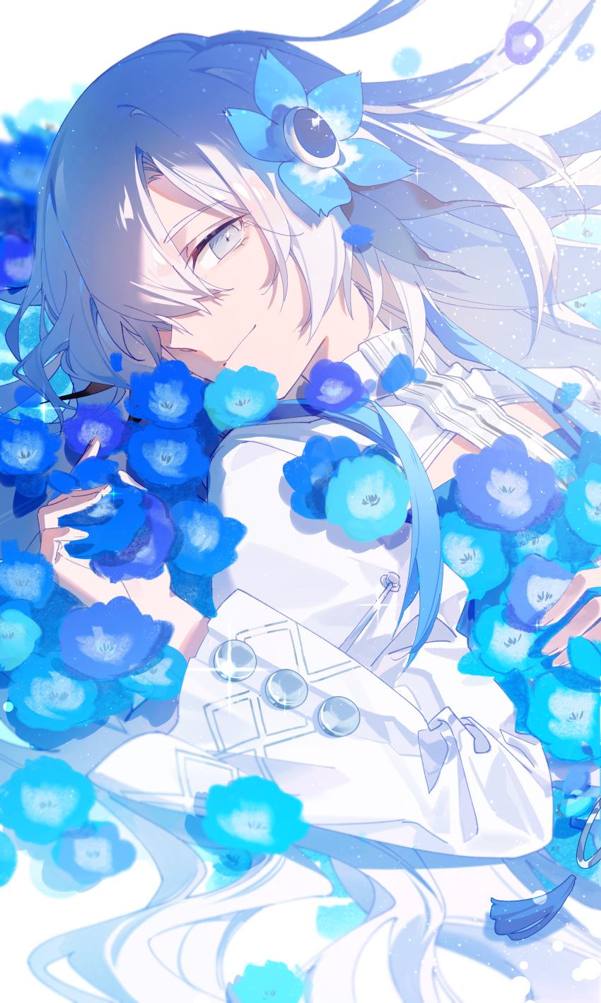 1girl absurdres blue_eyes blue_flower blue_hair chinese_commentary commentary_request dress flower hair_flower hair_ornament hair_over_one_eye highres isekai_joucho kamitsubaki_studio light_smile long_hair looking_at_viewer lying multicolored_hair nemophila_(flower) on_back solo two-tone_dress two-tone_hair upper_body virtual_youtuber walluka white_dress white_eyes white_hair