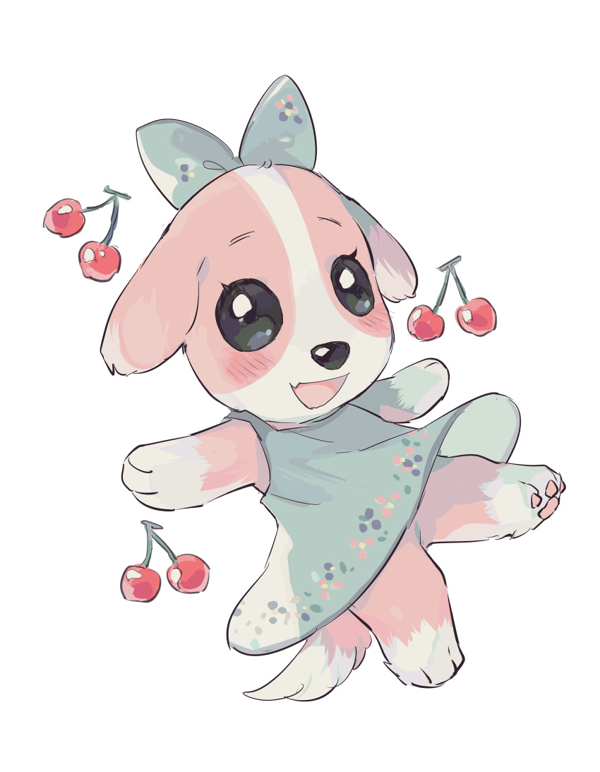 1girl absurdres animal_crossing animal_focus balancing black_eyes blue_bow blue_dress blush bow bright_pupils cherry chibi cookie_(animal_crossing) dog dress fang floppy_ears floral_print floral_print_dress food fruit furry hair_bow hideko_(l33l3b) highres no_humans outstretched_arms outstretched_leg pawpads pink_fur puppy simple_background skin_fang smile white_background