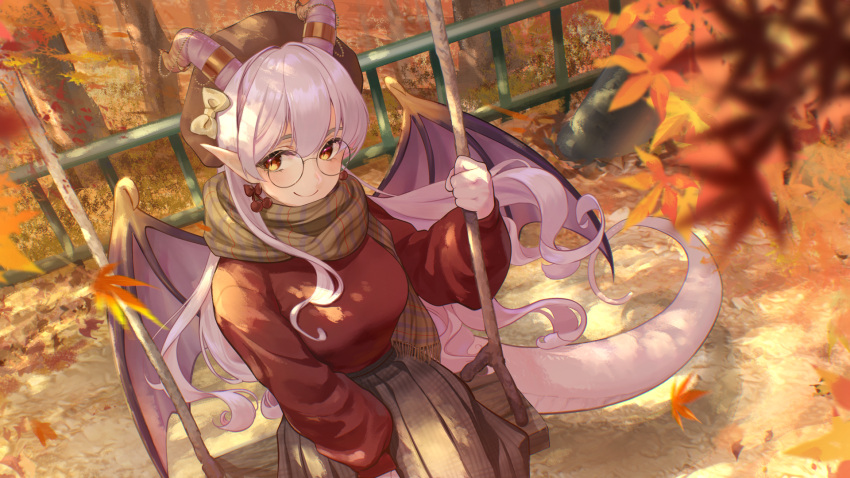 angora_zailia autumn_leaves beret black_headwear bow breasts brown_bow brown_scarf commission dragon_girl dragon_horns dragon_tail dragon_wings falling_leaves hair_bow hat highres horn_ornament horn_ring horns indie_virtual_youtuber ito_haruko leaf long_hair plaid plaid_scarf pleated_skirt purple_hair red_sweater round_eyewear scarf shadow skeb_commission skirt smile sweater swing_set tail tree virtual_youtuber wings
