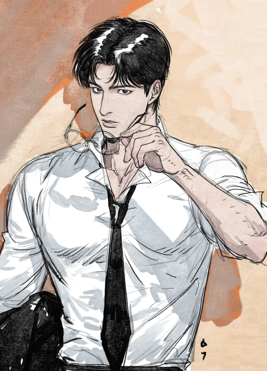 1boy an_kyoung bishounen black_eyes black_hair black_necktie carrying carrying_under_arm collared_shirt glasses highres jacket kogure_kiminobu long_sleeves looking_at_another male_focus necktie parted_lips pectoral_cleavage pectorals removing_eyewear shadow shirt short_hair slam_dunk_(series) sleeves_rolled_up solo toned toned_male unworn_jacket upper_body white_shirt yellow_background