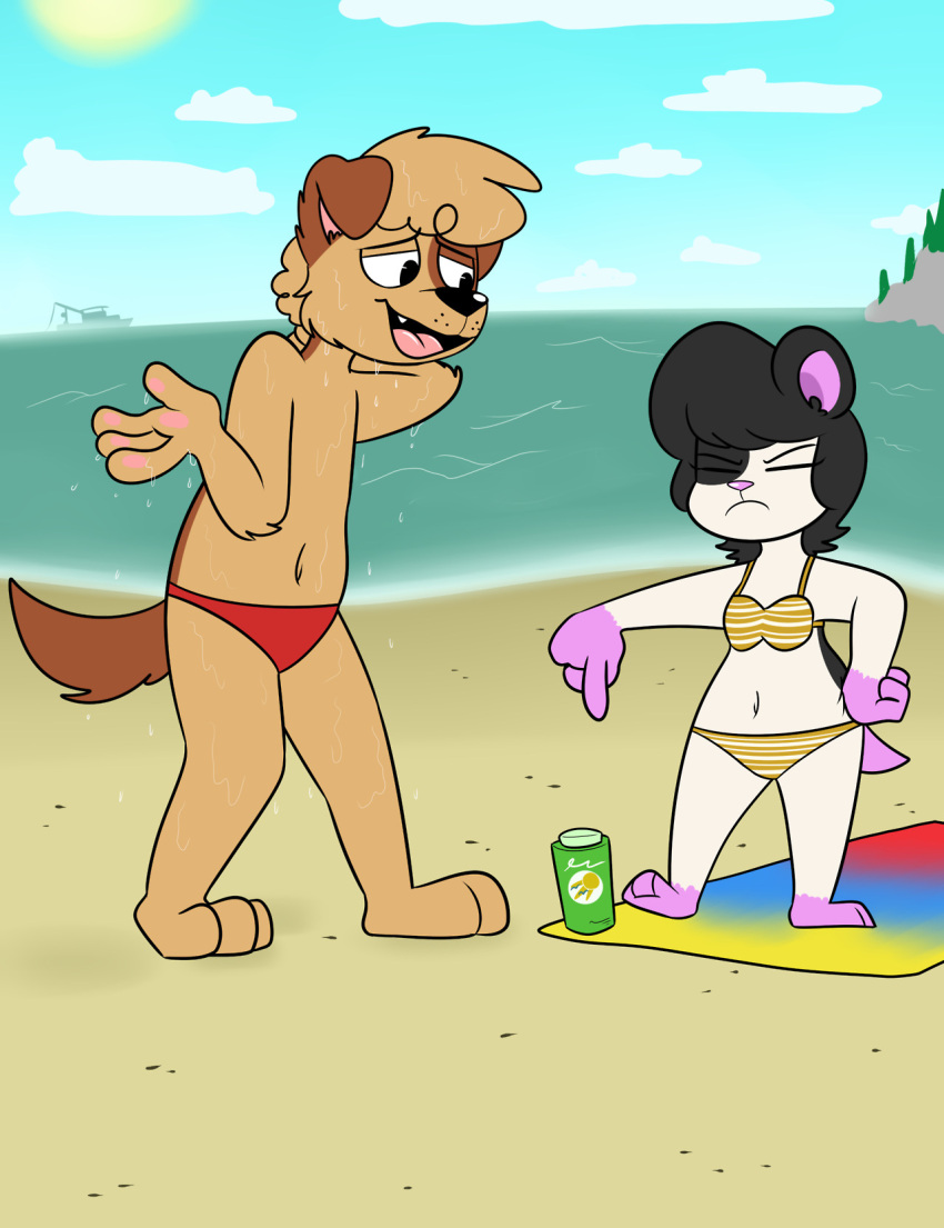 2017 3_toes 4_fingers anthro awkward_smile beach beach_towel bikini biped black_hair black_markings black_nose boat bottomwear brown_body brown_ears brown_fur brown_hair brown_tail brown_tuft canid canine canis cheek_tuft chokovit_(artist) clothed clothing colored countershading cricetid curled_hair digital_drawing_(artwork) digital_media_(artwork) dog_ears dog_tail domestic_dog dripping_wet duo eyebrow_through_hair eyebrows eyelashes eyelashes_through_hair eyes_always_closed eyes_closed facial_tuft feet female female_anthro fingers floppy_ears front_view frown fur gesture gloves_(marking) hair hamster hand_on_hip hi_res interspecies larger_anthro larger_male leg_markings lotion lotion_bottle male male_anthro mammal marie_wong markings navel outside pattern_bikini pattern_bottomwear pattern_clothing pattern_swimwear pattern_topwear pawpads pink_pawpads pink_tongue pointing purple_feet purple_hands purple_inner_ear purple_nose purple_tail red_bottomwear red_clothing red_speedo red_swimwear rodent rubbing_neck sand seaside short_tail size_difference sky smaller_anthro smaller_female socks_(marking) speedo speedo_only standing stevie_(chokovit) striped_bikini striped_bikini_bottom striped_bikini_top striped_bottomwear striped_clothing striped_swimwear striped_topwear stripes sun_lotion swimwear tail tapping_foot three-quarter_view toes tongue topless topwear towel translucent translucent_hair tuft vehicle water watercraft wet white_body white_fur yellow_bikini yellow_bikini_bottom yellow_bikini_top yellow_clothing yellow_swimwear