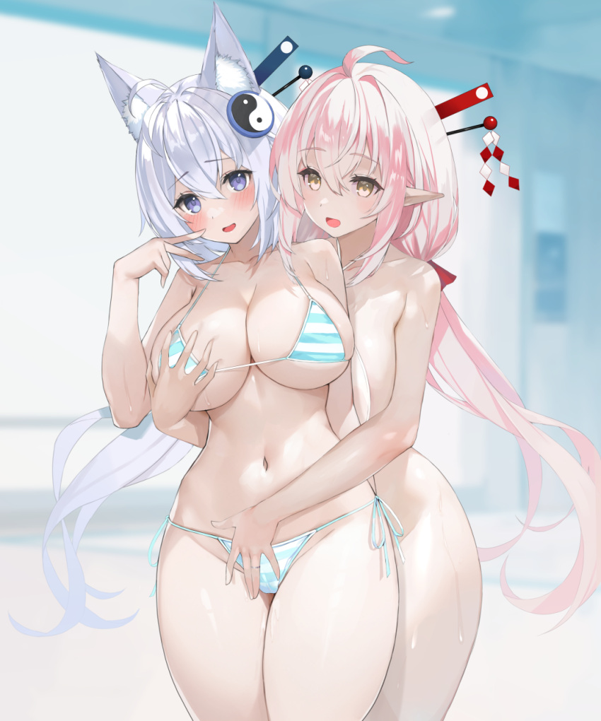 2girls ahoge animal_ear_fluff animal_ears bare_arms bare_shoulders bikini blue_eyes blue_hair blurry blurry_background breasts commentary_request cowboy_shot floating_hair fox_ears fox_girl grabbing grabbing_another's_breast grabbing_from_behind hair_between_eyes hair_ornament hairpin halterneck hand_up highres large_breasts long_hair looking_at_viewer multiple_girls nakamura_nagare navel open_mouth original pink_hair pointy_ears side-tie_bikini_bottom skindentation smile standing stomach string_bikini striped striped_bikini swimsuit very_long_hair water_drop wet yellow_eyes yin_yang yuri