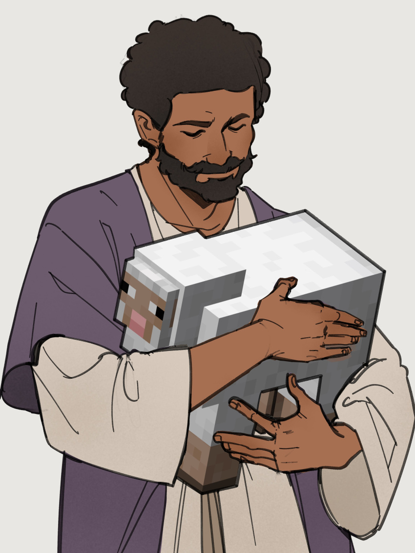 1boy absurdres black_hair closed_eyes closed_mouth commentary dark-skinned_male dark_skin english_commentary grey_background highres holding jesus male_focus minecraft parody sheep_(minecraft) short_hair simple_background the_bible wide_sleeves wolfythewitch