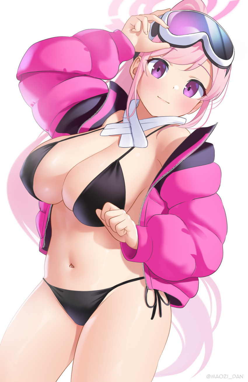 1girl absurdres blue_archive blush breasts cleavage cowboy_shot eimi_(blue_archive) eimi_(swimsuit)_(blue_archive) goggles goggles_on_head highres large_breasts long_hair looking_at_viewer maozi_dan official_alternate_costume pink_eyes pink_hair simple_background solo tagme white_background