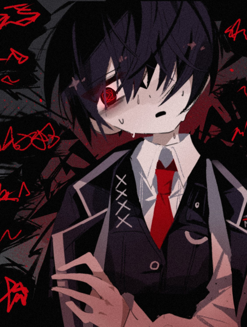 1boy black_coat black_eyes black_hair black_vest coat collared_shirt highres lemonail limbus_company necktie open_mouth project_moon red_necktie shirt solo speech_bubble spoken_squiggle squiggle squiggle_eyes sweat upper_body vest white_shirt yi_sang_(project_moon)