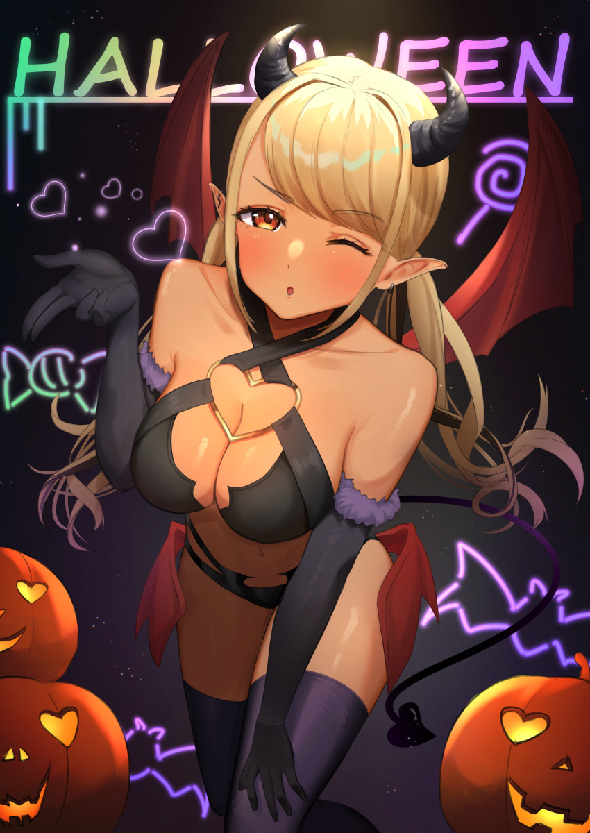 1girl ;o absurdres bare_shoulders bikini black_bikini black_gloves black_tail blonde_hair blowing_kiss blush breasts center_opening criss-cross_halter dark-skinned_female dark_skin demon_girl demon_horns demon_tail demon_wings ear_piercing earrings elbow_gloves english_text fur-trimmed_gloves fur_trim gloves gradient_tail gyaru halloween halterneck hand_on_own_thigh heart heart-shaped_eyes highres horns jack-o'-lantern jewelry kaminari_qpi leaning_forward lightning_bolt_piercing long_hair looking_at_viewer low_twintails low_wings medium_breasts multi-strapped_bikini_bottom multiple_wings navel o-ring o-ring_bikini o-ring_top one_eye_closed orange_eyes piercing pointy_ears purple_tail purple_thighhighs revealing_clothes smile solo swept_bangs swimsuit t0hkiji tail thighhighs twintails very_long_hair virtual_youtuber vspo! wings